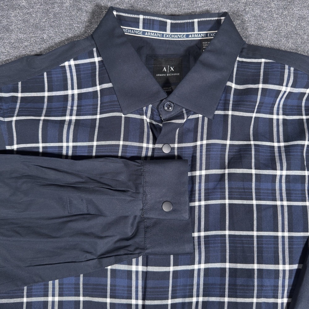 Armani Exchange Regular Fit Snap Button Long Sleeve Navy Plaid Shirt M Acadamia